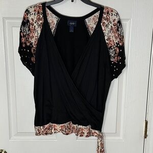Daytrip Large Black Wrap Blouse with Orange and Cream Floral Accents